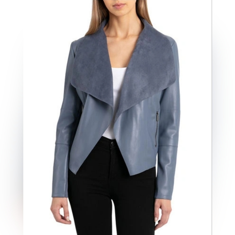 bagatelle waterfall faux leather jacket in steel blue